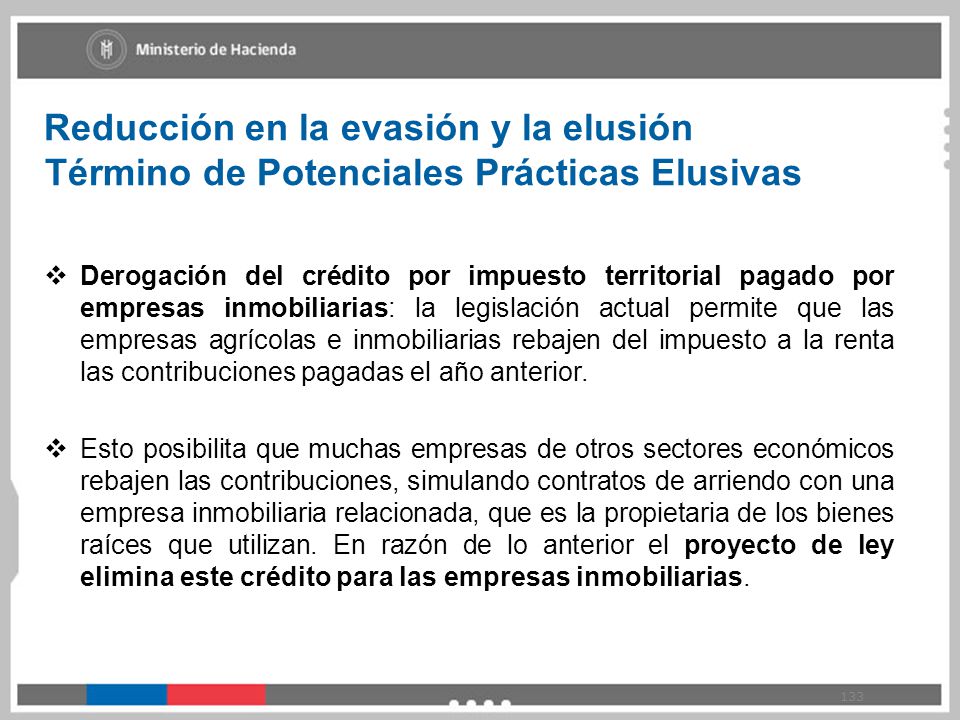 Reducción en la evasión y la elusión Término de Potenciales Prácticas Elusivas