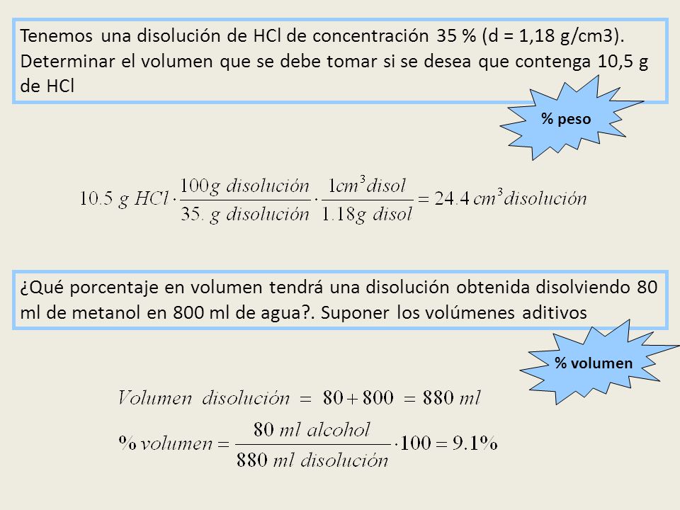 Tenemos una disolución de HCl de concentración 35 % (d = 1,18 g/cm3).
