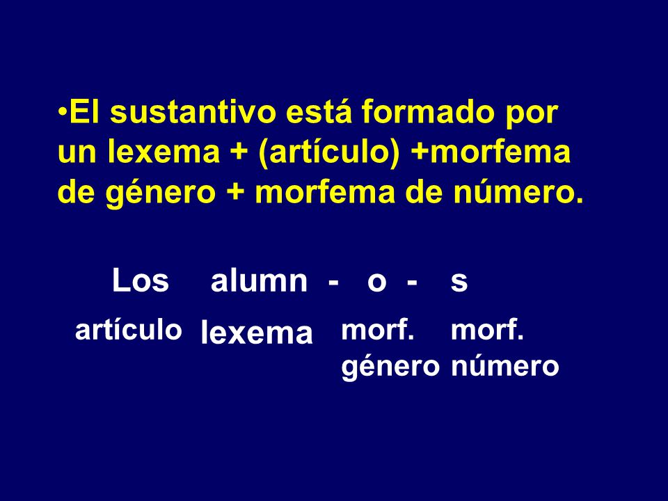 El sustantivo está formado por un lexema + (artículo) +morfema de género + morfema de número.