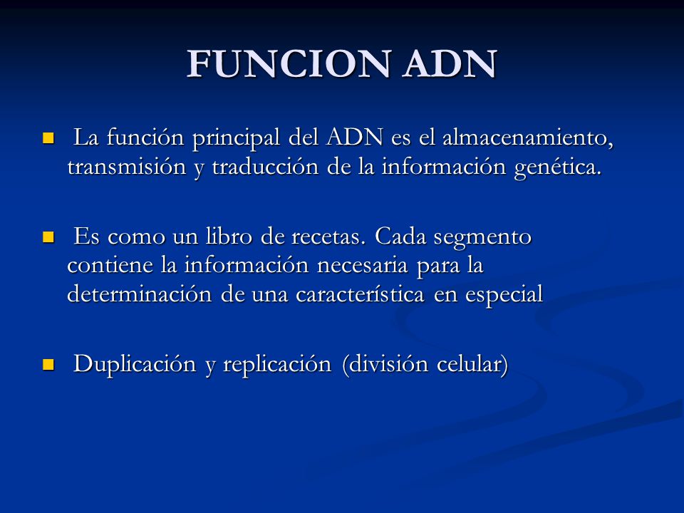 FUNCION ADN La función principal del ADN es el almacenamiento, transmisión y traducción de la información genética.