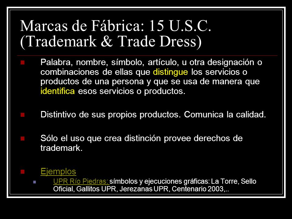 Marcas de Fábrica: 15 U.S.C. (Trademark & Trade Dress)