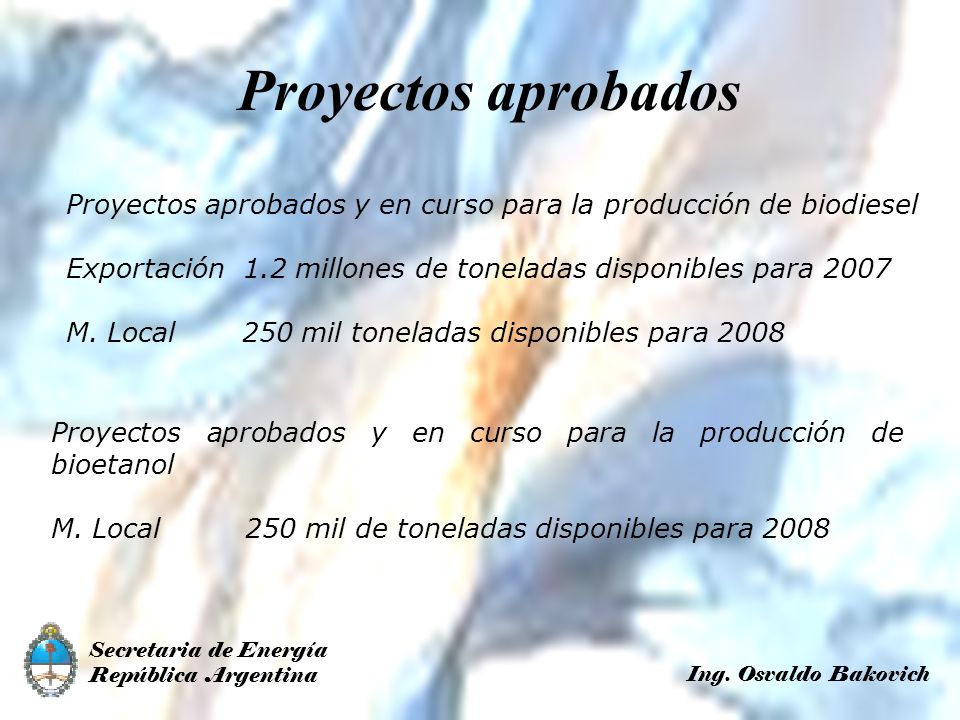 Proyectos aprobados Proyectos aprobados y en curso para la producción de biodiesel. Exportación 1.2 millones de toneladas disponibles para
