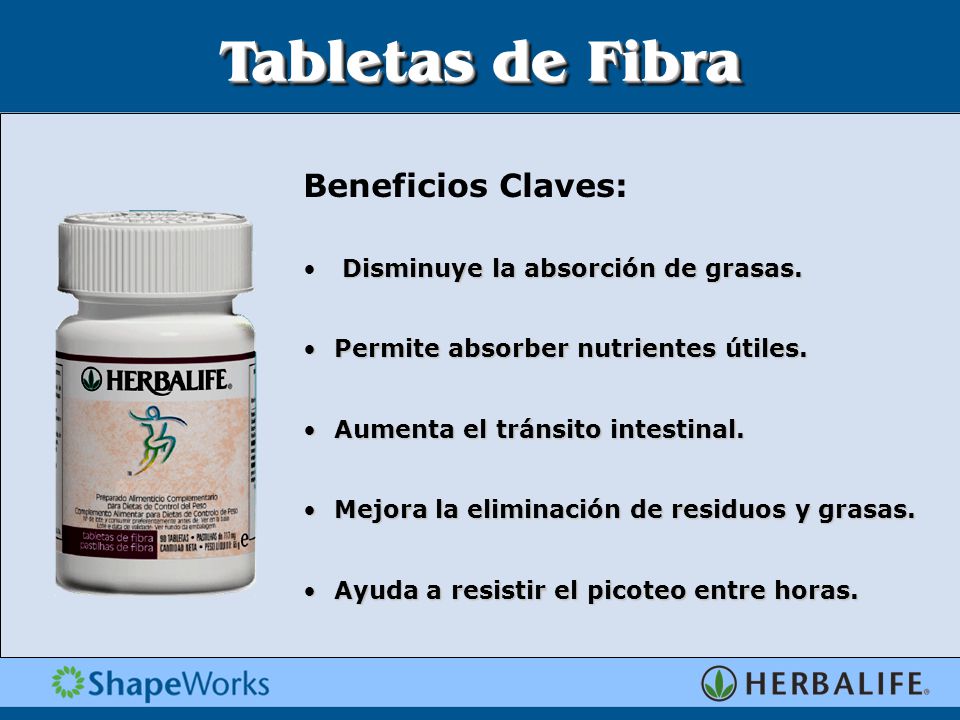 Tabletas de Fibra Beneficios Claves: Disminuye la absorción de grasas.