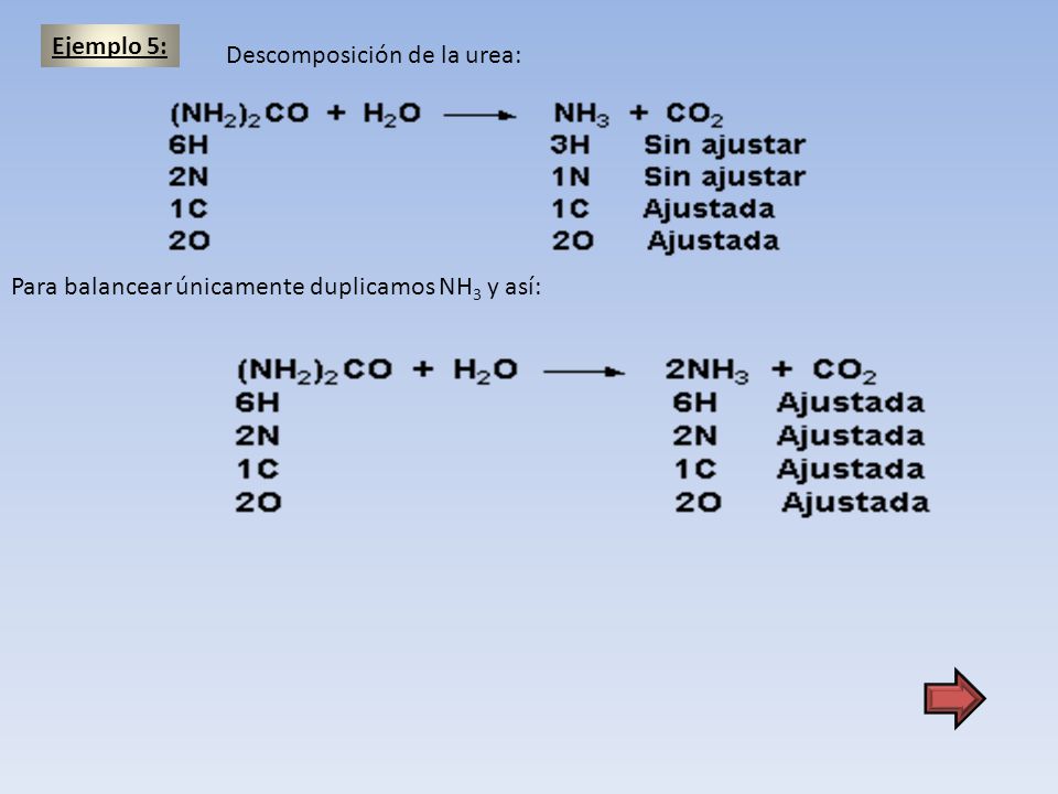 Ejemplo 5: Descomposición de la urea: Para balancear únicamente duplicamos NH3 y así: