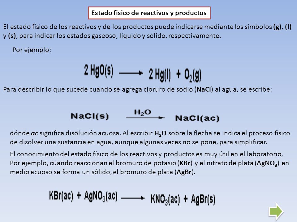 Estado fisico de reactivos y productos