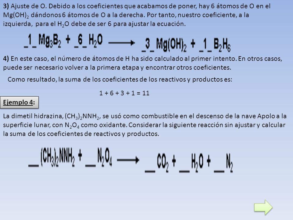 3) Ajuste de O. Debido a los coeficientes que acabamos de poner, hay 6 átomos de O en el Mg(OH)2 dándonos 6 átomos de O a la derecha. Por tanto, nuestro coeficiente, a la izquierda, para el H2O debe de ser 6 para ajustar la ecuación.