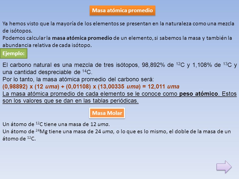 Masa atómica promedio Ya hemos visto que la mayoría de los elementos se presentan en la naturaleza como una mezcla de isótopos.