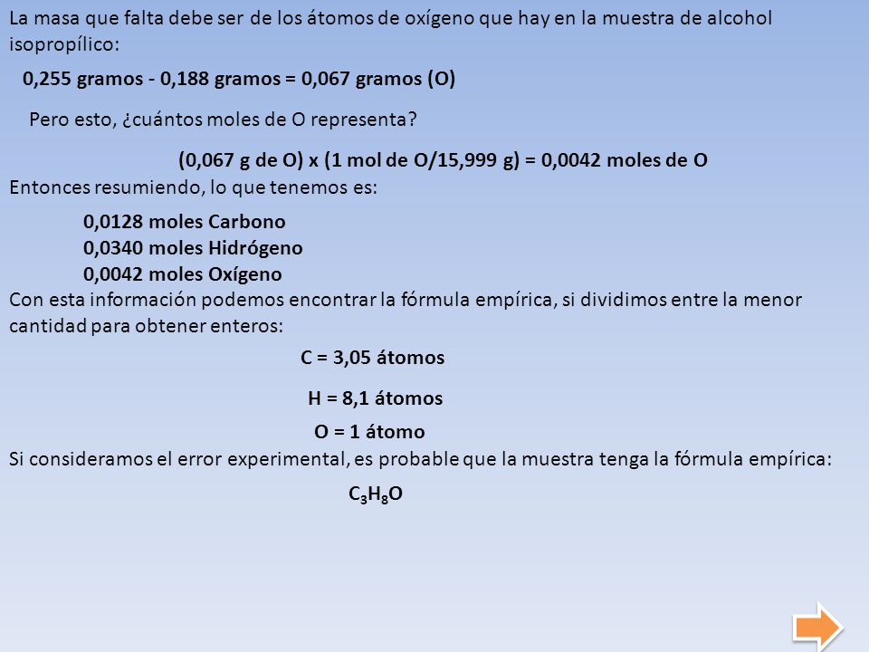 La masa que falta debe ser de los átomos de oxígeno que hay en la muestra de alcohol isopropílico: