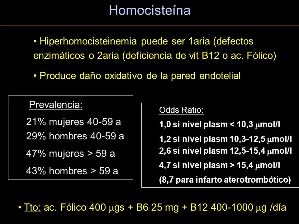 Homocisteína Hiperhomocisteinemia puede ser 1aria (defectos enzimáticos o 2aria (deficiencia de vit B12 o ac. Fólico)