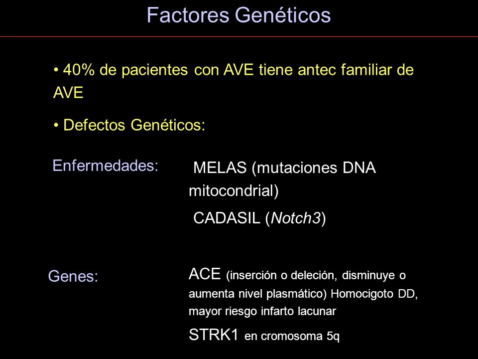 Factores Genéticos 40% de pacientes con AVE tiene antec familiar de AVE. Defectos Genéticos: Enfermedades: