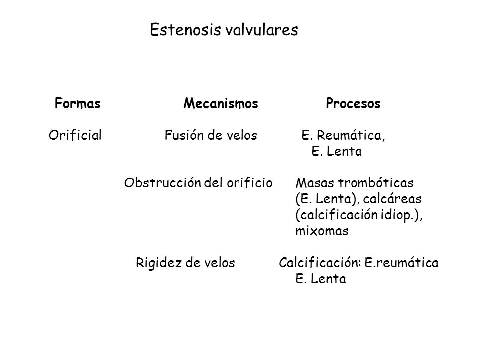 Estenosis valvulares Orificial Fusión de velos E. Reumática, E. Lenta