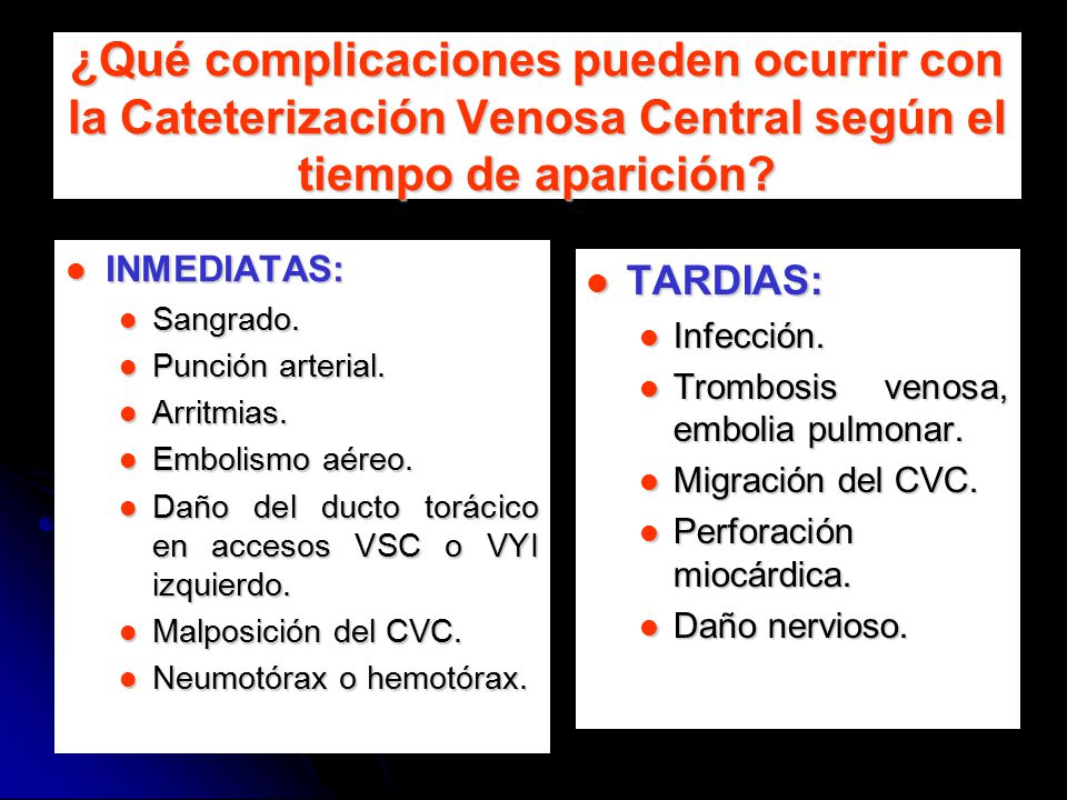 ¿Qué complicaciones pueden ocurrir con la Cateterización Venosa Central según el tiempo de aparición