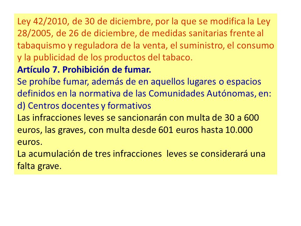 Ley 42/2010, de 30 de diciembre, por la que se modifica la Ley 28/2005, de 26 de diciembre, de medidas sanitarias frente al tabaquismo y reguladora de la venta, el suministro, el consumo y la publicidad de los productos del tabaco.