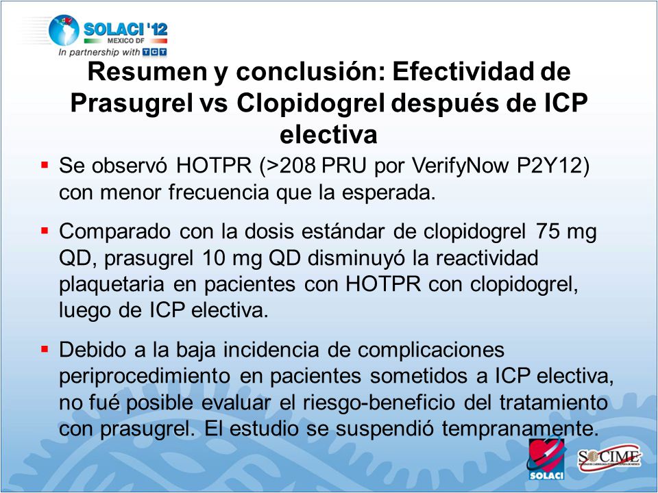 Resumen y conclusión: Efectividad de Prasugrel vs Clopidogrel después de ICP electiva
