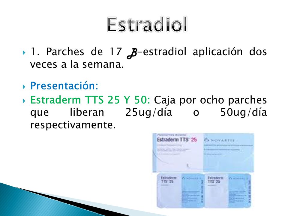 Estradiol 1. Parches de 17 B-estradiol aplicación dos veces a la semana. Presentación: