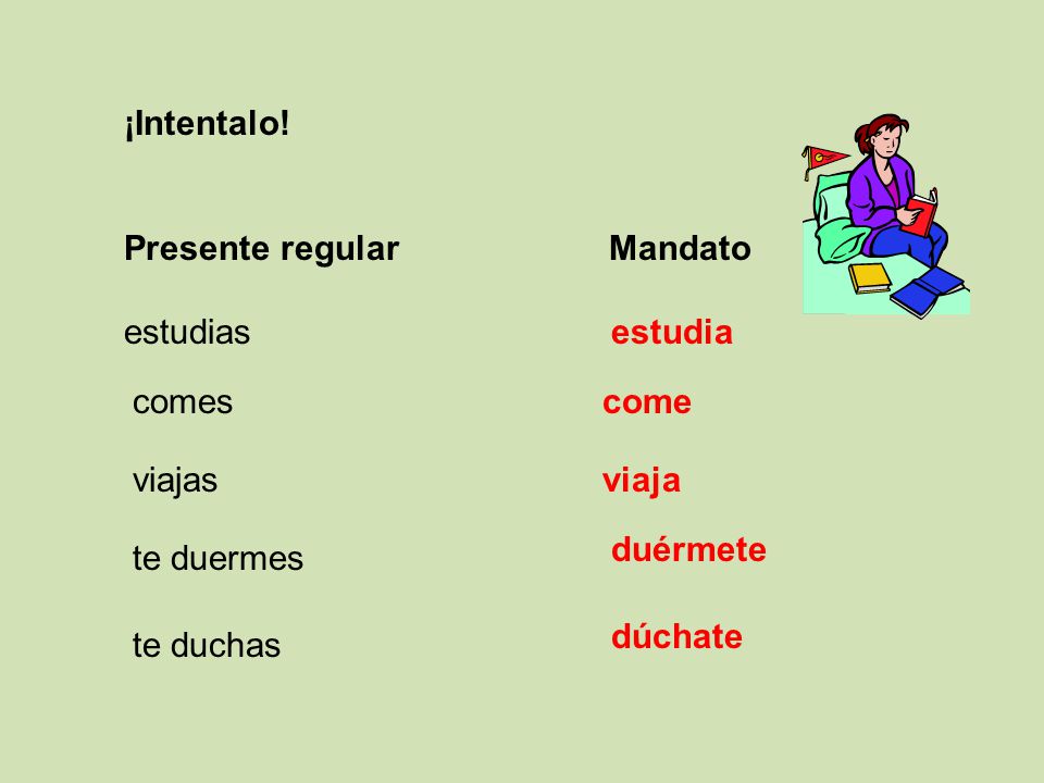 ¡Intentalo! Presente regular Mandato. estudias. estudia. comes. come. viajas. viaja. duérmete.