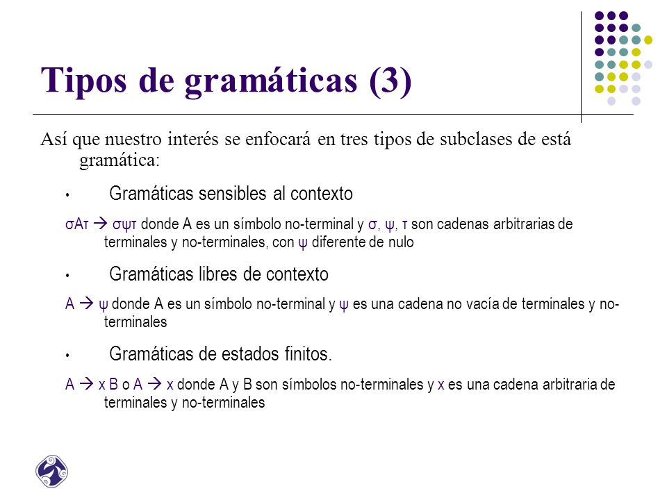 Tipos de gramáticas (3) Gramáticas sensibles al contexto