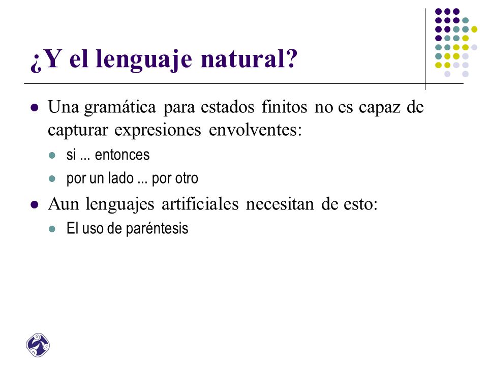 ¿Y el lenguaje natural Una gramática para estados finitos no es capaz de capturar expresiones envolventes: