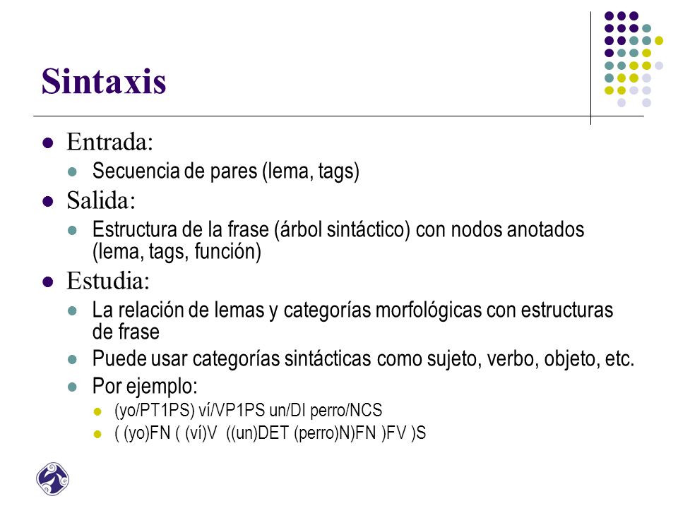 Sintaxis Entrada: Salida: Estudia: Secuencia de pares (lema, tags)