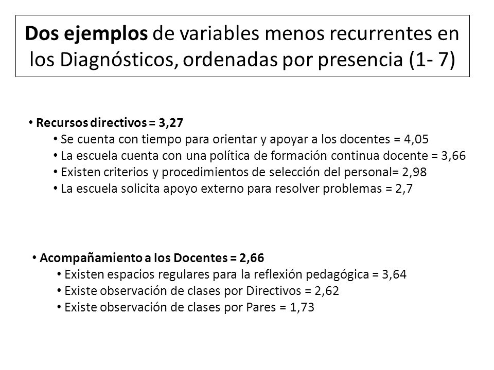 Dos ejemplos de variables menos recurrentes en los Diagnósticos, ordenadas por presencia (1- 7)
