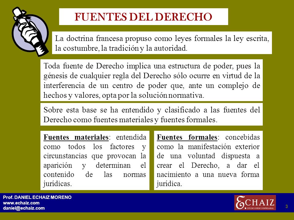 FUENTES DEL DERECHO La doctrina francesa propuso como leyes formales la ley escrita, la costumbre, la tradición y la autoridad.