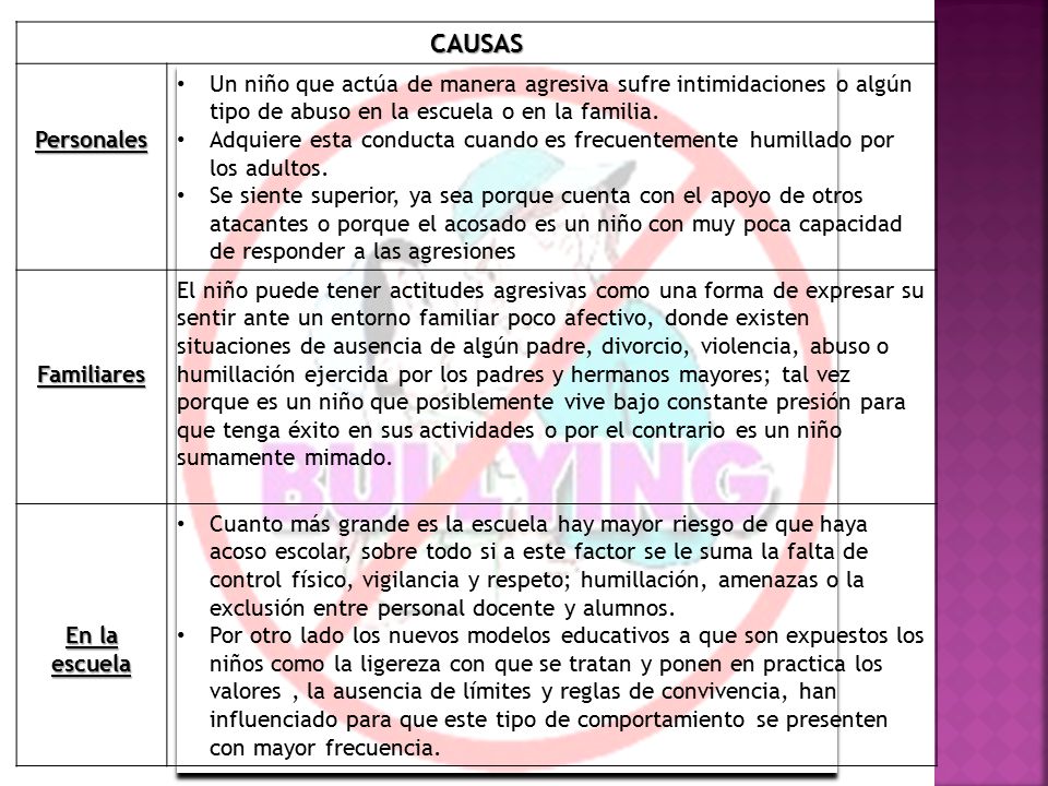 CAUSAS Personales. Un niño que actúa de manera agresiva sufre intimidaciones o algún tipo de abuso en la escuela o en la familia.