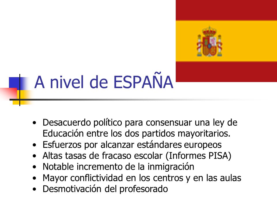 A nivel de ESPAÑA Desacuerdo político para consensuar una ley de Educación entre los dos partidos mayoritarios.
