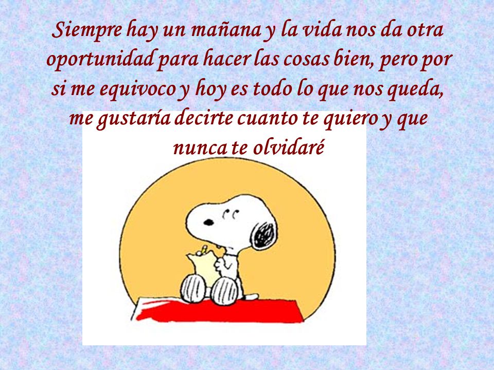 Siempre hay un mañana y la vida nos da otra oportunidad para hacer las cosas bien, pero por si me equivoco y hoy es todo lo que nos queda, me gustaría decirte cuanto te quiero y que nunca te olvidaré