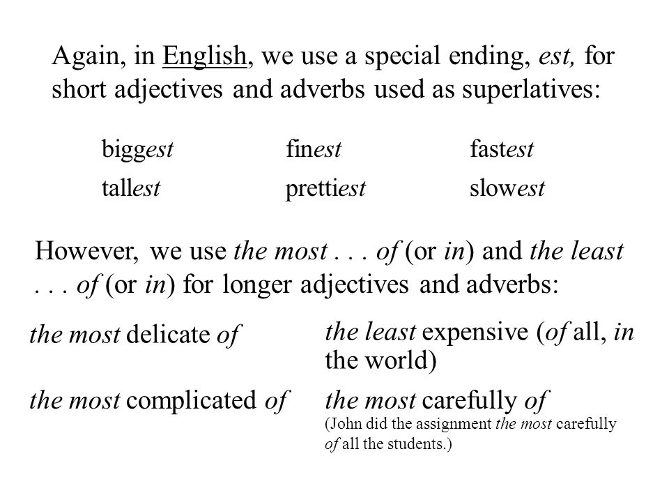 Again, in English, we use a special ending, est, for short adjectives and adverbs used as superlatives:
