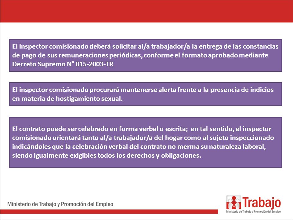 El inspector comisionado deberá solicitar al/a trabajador/a la entrega de las constancias de pago de sus remuneraciones periódicas, conforme el formato aprobado mediante Decreto Supremo N° TR