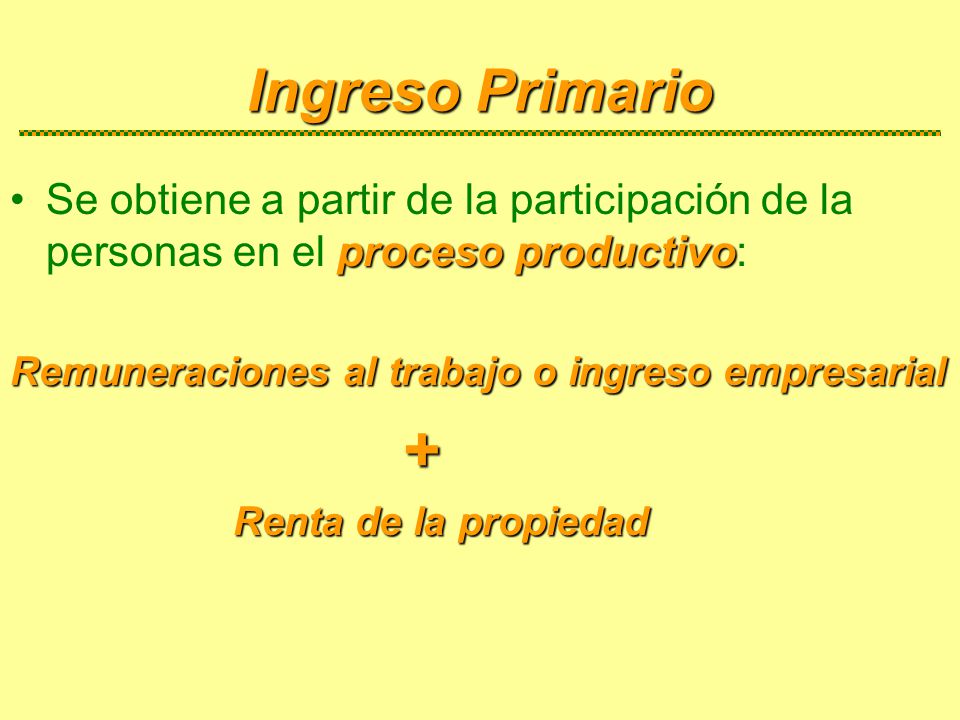 Ingreso Primario Se obtiene a partir de la participación de la personas en el proceso productivo: Remuneraciones al trabajo o ingreso empresarial.