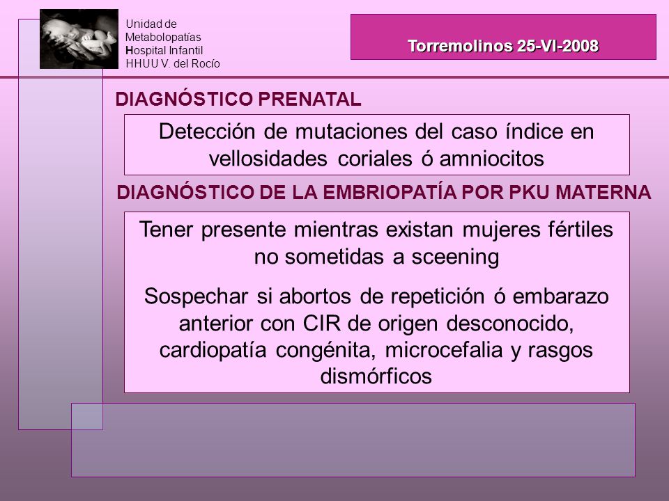 Unidad de Metabolopatías. Hospital Infantil. HHUU V. del Rocío. Torremolinos 25-VI Fenilcetonuria: Diagnóstico y Tratamiento.