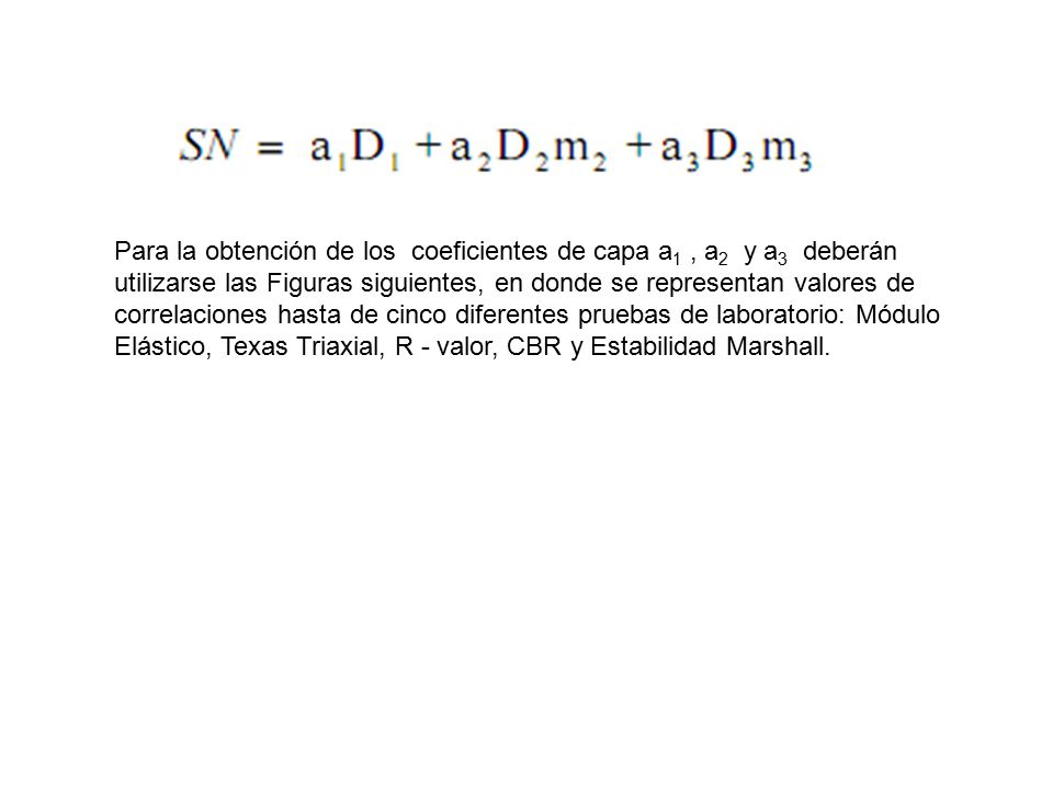 Para la obtención de los coeficientes de capa a1 , a2 y a3 deberán utilizarse las Figuras siguientes, en donde se representan valores de correlaciones hasta de cinco diferentes pruebas de laboratorio: Módulo Elástico, Texas Triaxial, R - valor, CBR y Estabilidad Marshall.