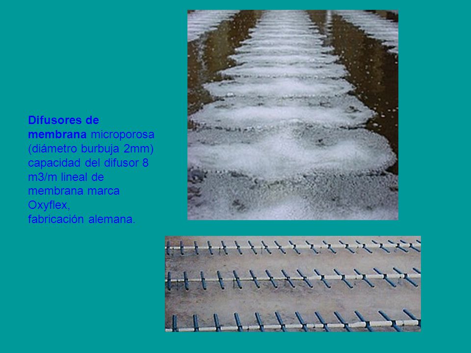 Difusores de membrana microporosa (diámetro burbuja 2mm) capacidad del difusor 8 m3/m lineal de membrana marca Oxyflex, fabricación alemana.