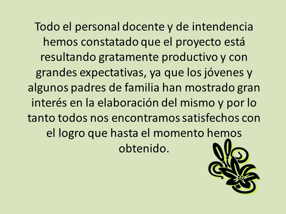 Todo el personal docente y de intendencia hemos constatado que el proyecto está resultando gratamente productivo y con grandes expectativas, ya que los jóvenes y algunos padres de familia han mostrado gran interés en la elaboración del mismo y por lo tanto todos nos encontramos satisfechos con el logro que hasta el momento hemos obtenido.