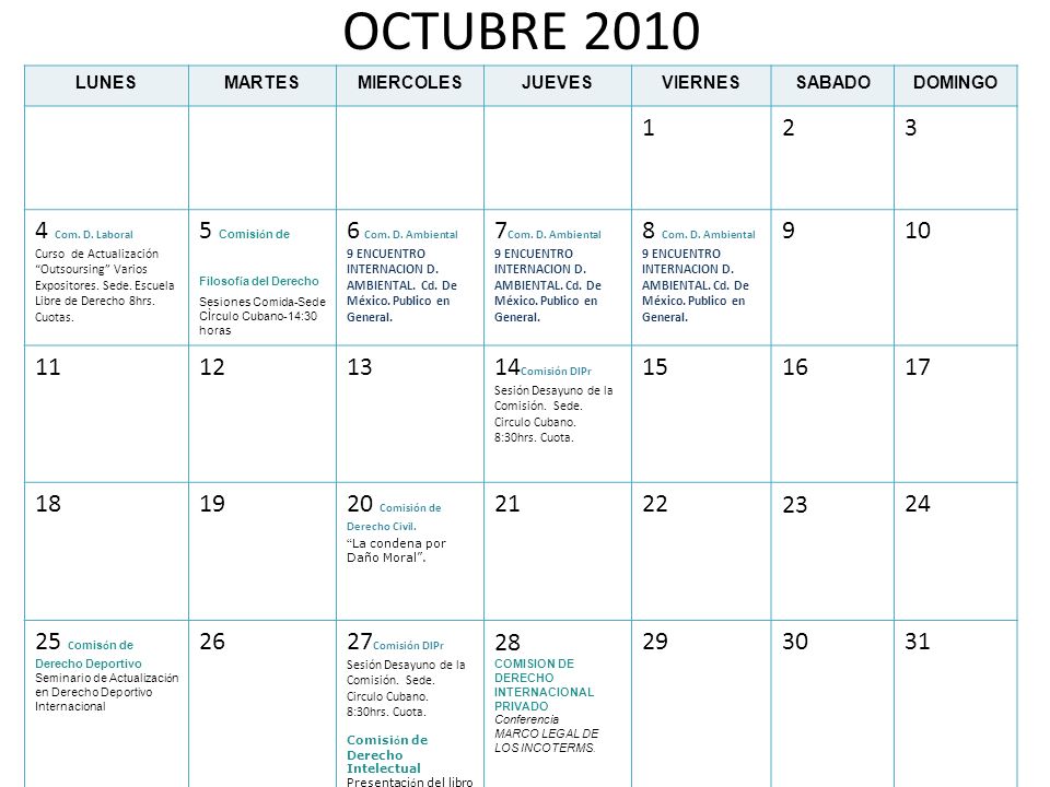 OCTUBRE 2010 LUNES. MARTES. MIERCOLES. JUEVES. VIERNES. SABADO. DOMINGO Com. D. Laboral.