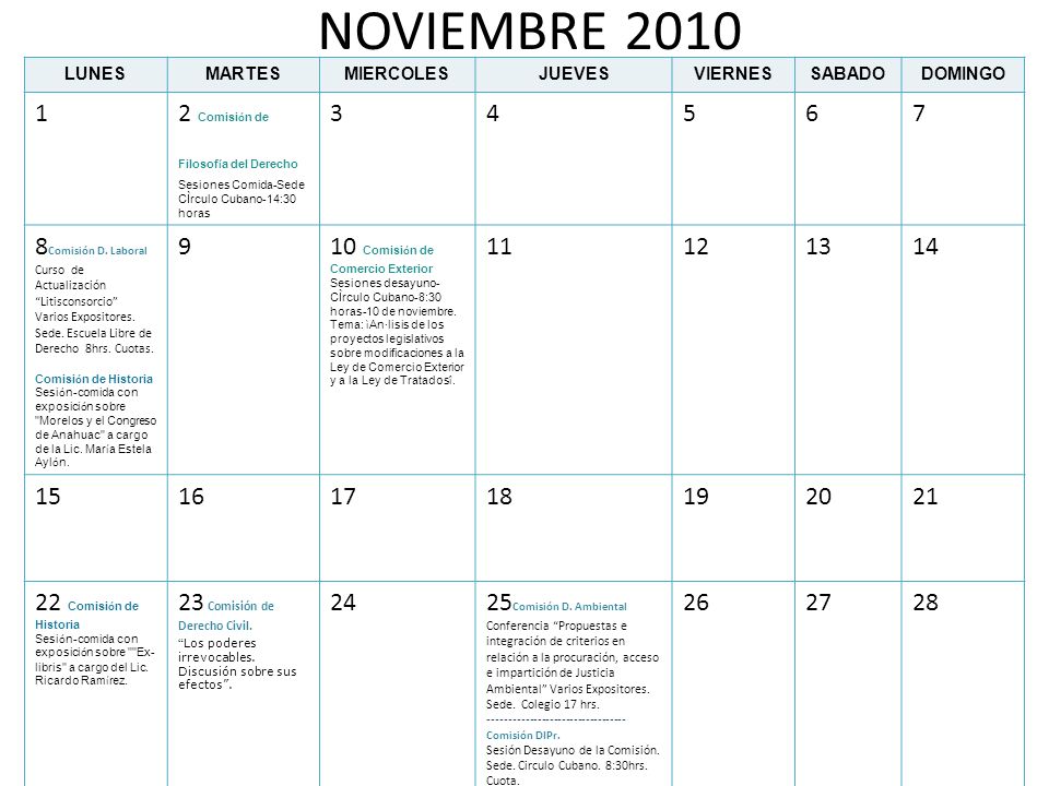 NOVIEMBRE 2010 LUNES. MARTES. MIERCOLES. JUEVES. VIERNES. SABADO. DOMINGO. 1.