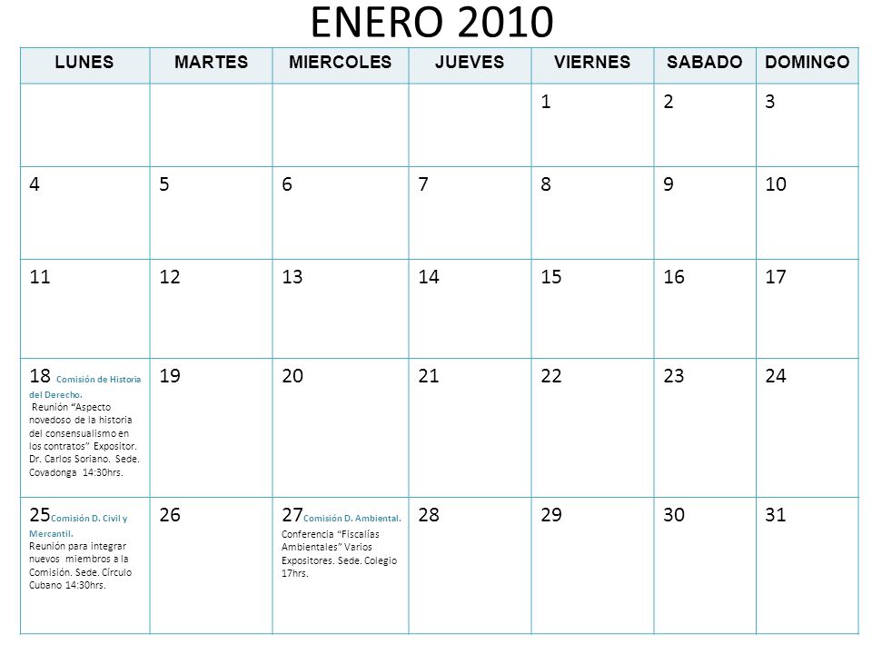 ENERO 2010 LUNES. MARTES. MIERCOLES. JUEVES. VIERNES. SABADO. DOMINGO