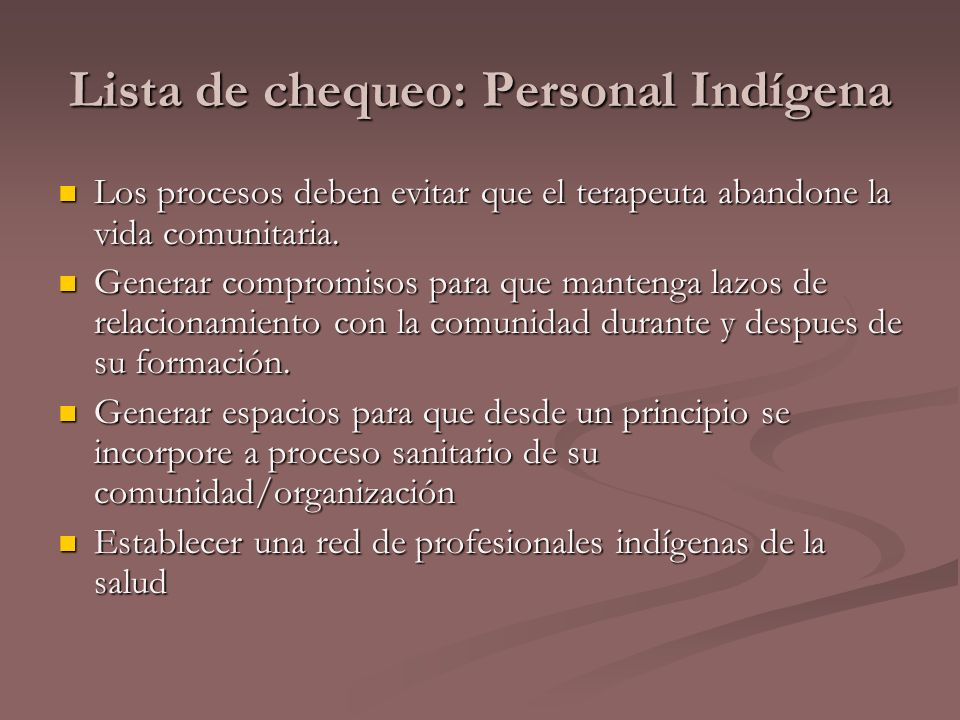 Lista de chequeo: Personal Indígena