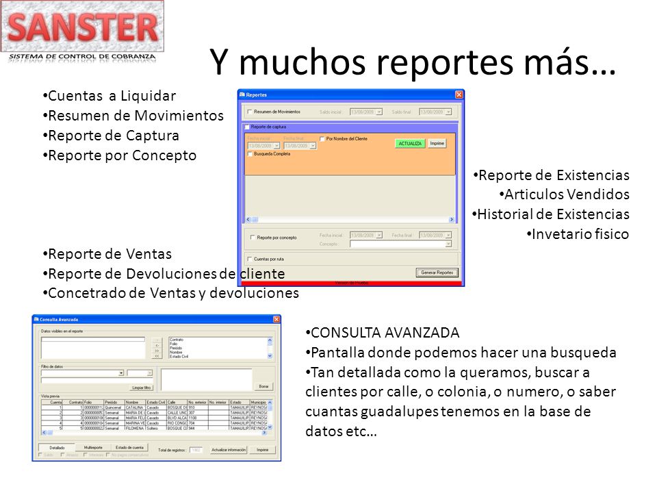 Y muchos reportes más… Cuentas a Liquidar Resumen de Movimientos