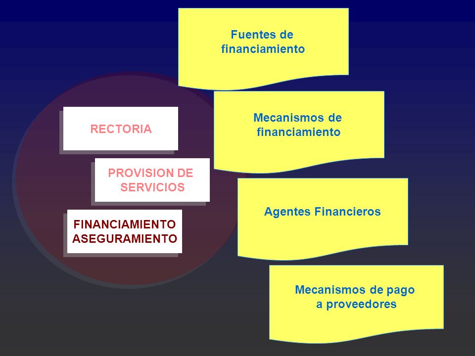 Fuentes de financiamiento. Mecanismos de. financiamiento. RECTORIA. PROVISION DE. SERVICIOS. Agentes Financieros.