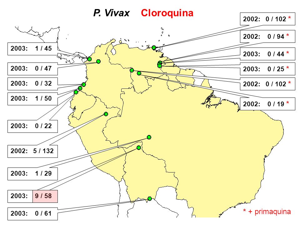 P. Vivax Cloroquina * + primaquina 2002: 0 / 102 * 2002: 0 / 94 *