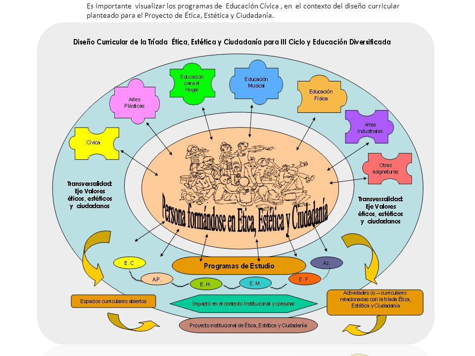 Es importante visualizar los programas de Educación Cívica , en el contexto del diseño curricular planteado para el Proyecto de Ética, Estética y Ciudadanía.