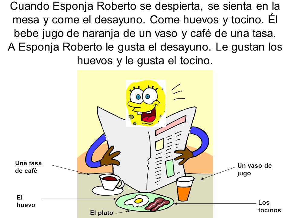 Cuando Esponja Roberto se despierta, se sienta en la mesa y come el desayuno. Come huevos y tocino. Él bebe jugo de naranja de un vaso y café de una tasa. A Esponja Roberto le gusta el desayuno. Le gustan los huevos y le gusta el tocino.