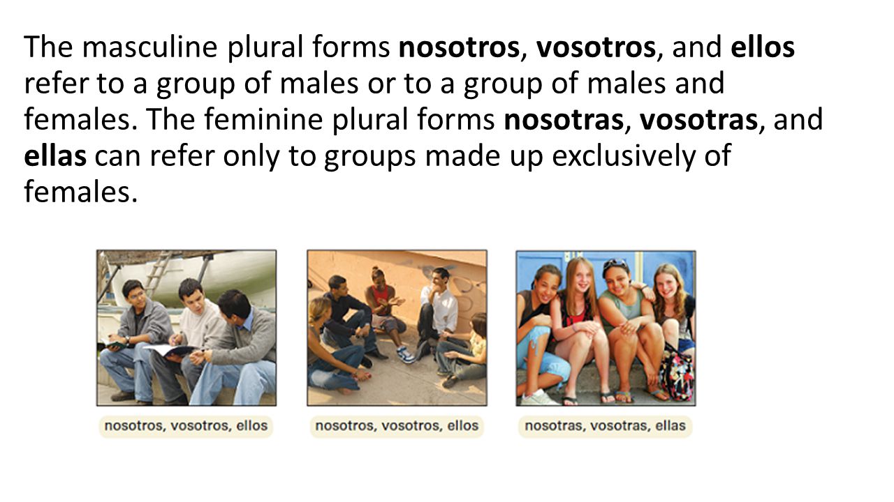 The masculine plural forms nosotros, vosotros, and ellos refer to a group of males or to a group of males and females.