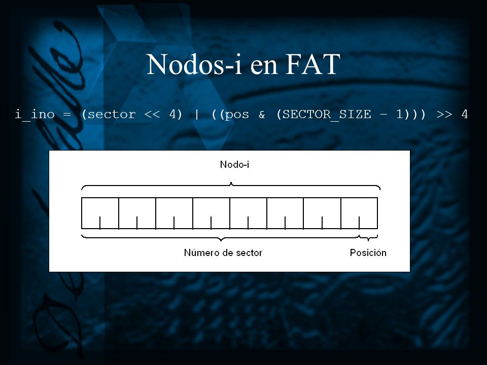 Nodos-i en FAT i_ino = (sector << 4) | ((pos & (SECTOR_SIZE – 1))) >> 4