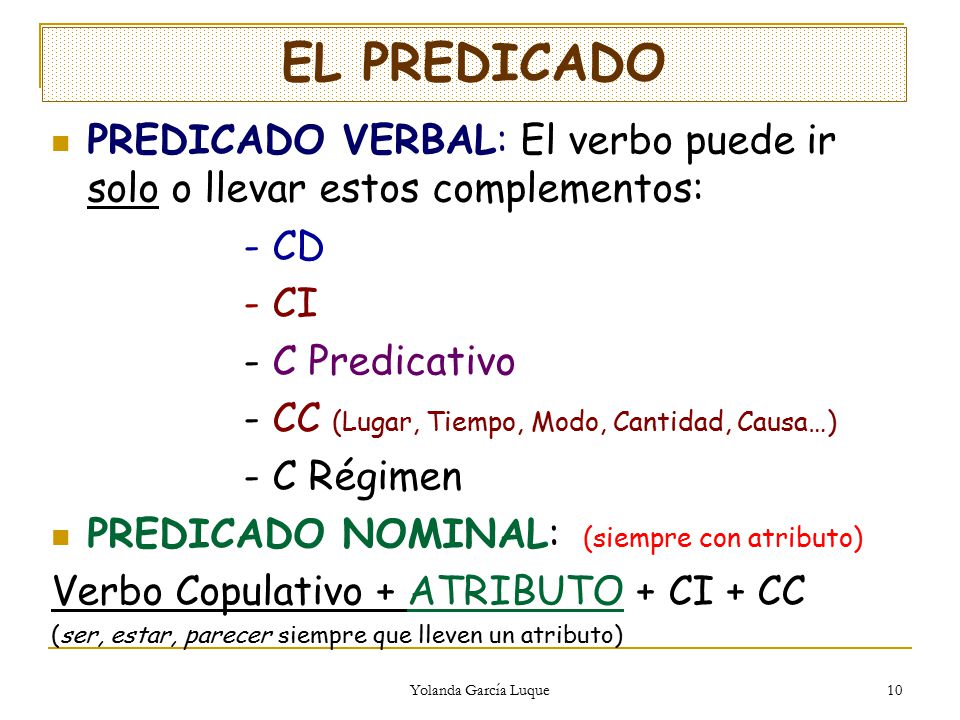 EL PREDICADO PREDICADO VERBAL: El verbo puede ir solo o llevar estos complementos: - CD. - CI. - C Predicativo.