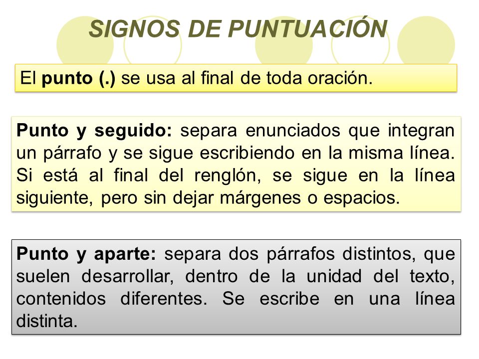 SIGNOS DE PUNTUACIÓN El punto (.) se usa al final de toda oración.