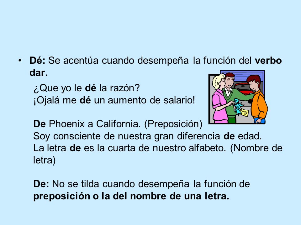 Dé: Se acentúa cuando desempeña la función del verbo dar.