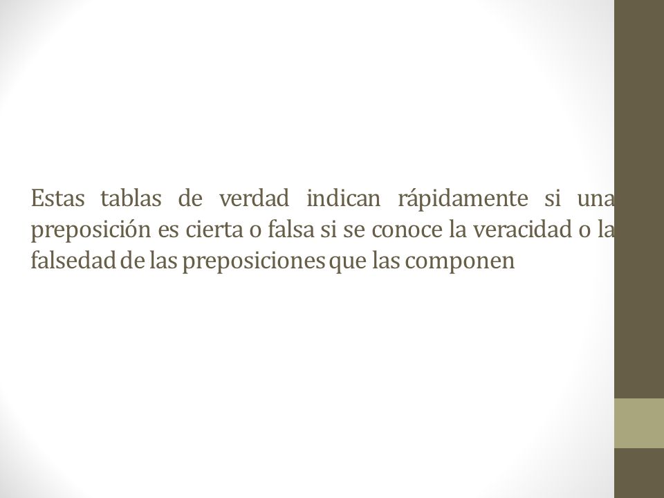 Estas tablas de verdad indican rápidamente si una preposición es cierta o falsa si se conoce la veracidad o la falsedad de las preposiciones que las componen